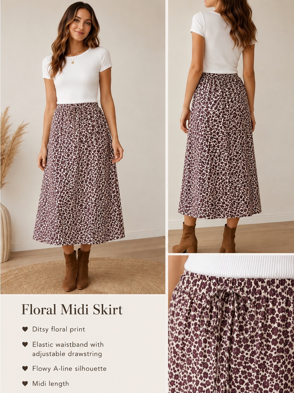Tie Waist Midi Skirt Floral Print Elastic Waist Flowy Pockets A-Line XL NWT Boho